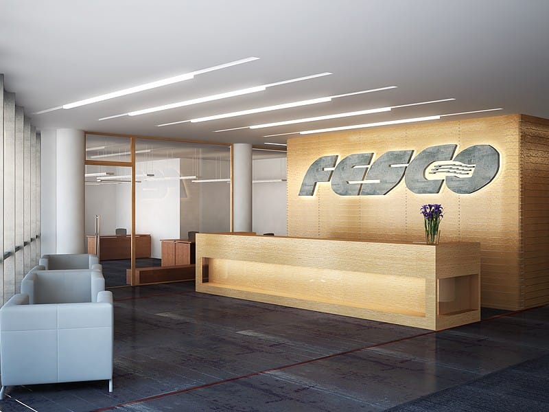 Ресепшн с подсвеченным логотипом Fesco