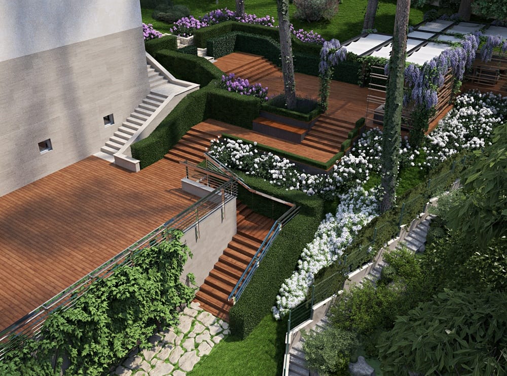 Вид сверху на террасы у дома
